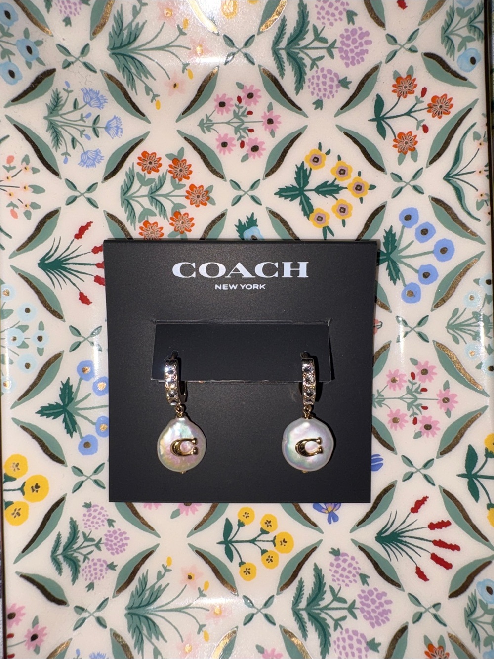 COACH Gold-Tone Hoop Earrings with Iridescent Pearl Drops